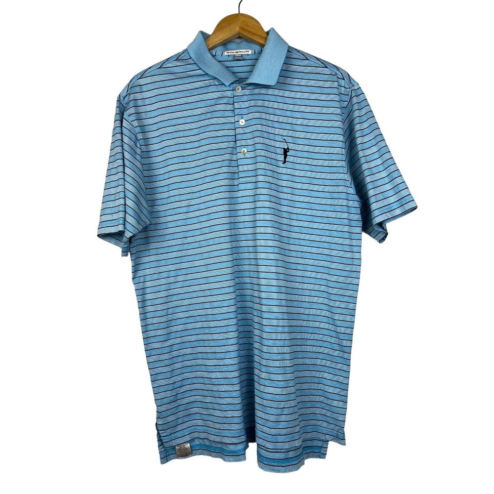 Peter Millar Men's Large Blue Striped Short Sleeve Golf Cotton Polo Shirt